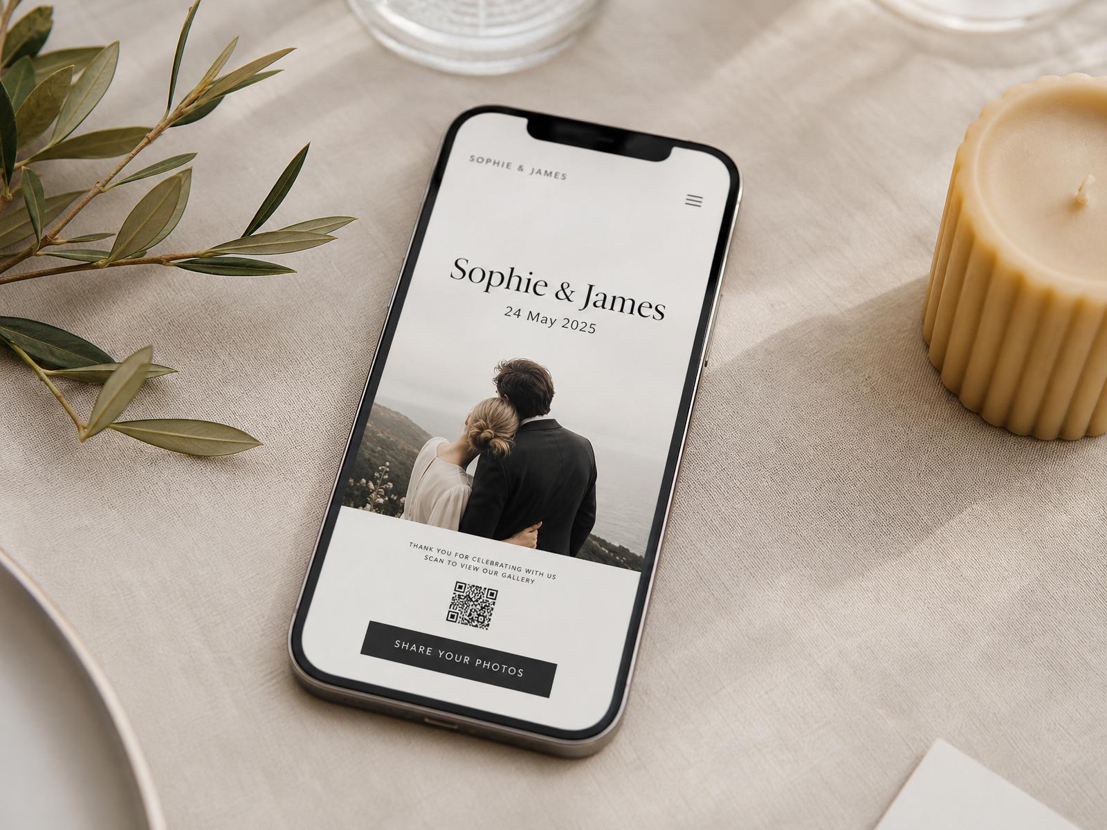 A phone showing a personalised Guest Take wedding page