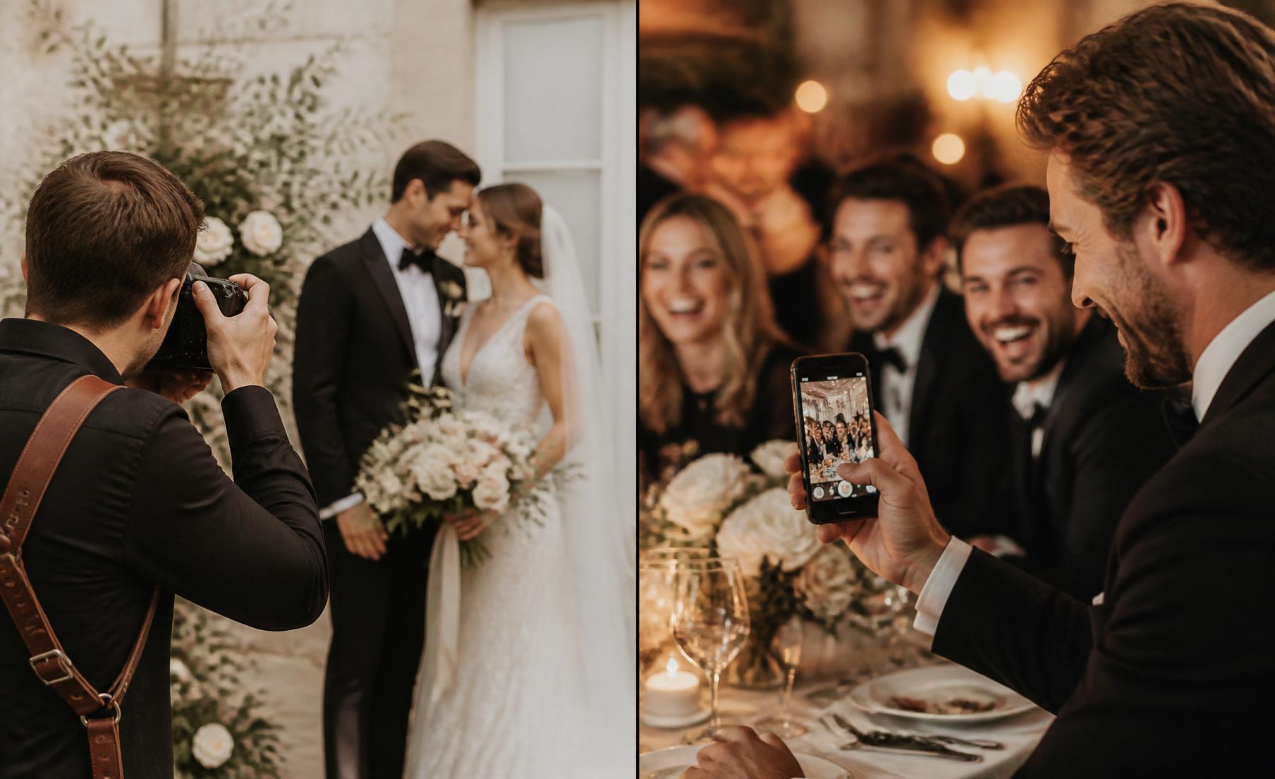 A professional photographer capturing the couple beside a guest filming friends at the reception