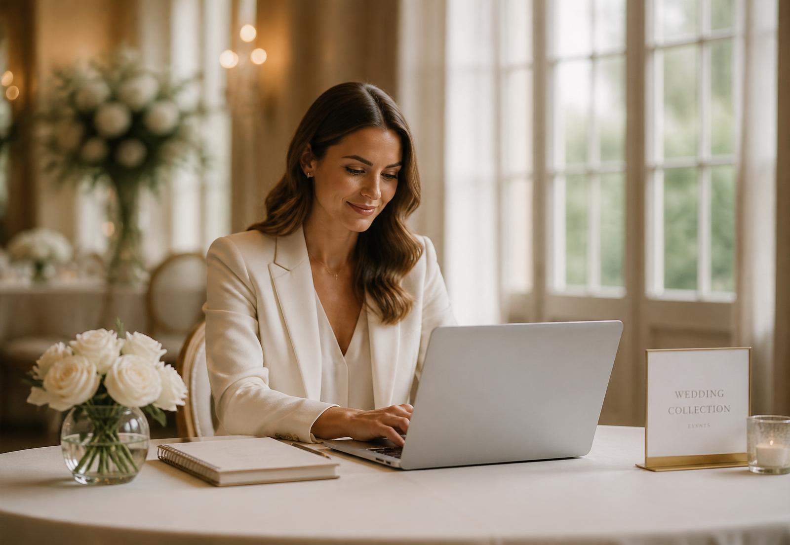 A venue coordinator working at a laptop in an elegant venue meeting room