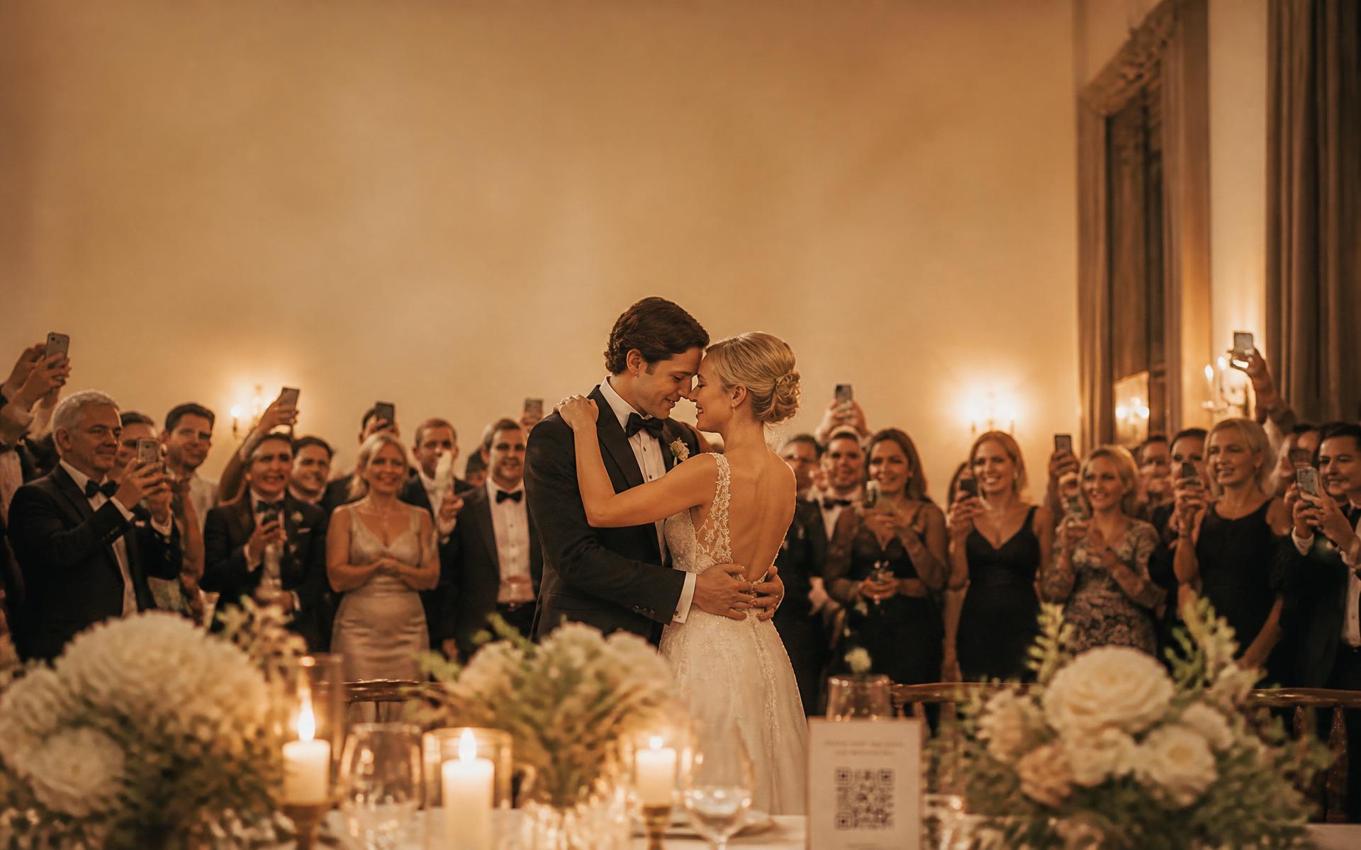 A couple sharing their first dance while guests naturally film on their phones