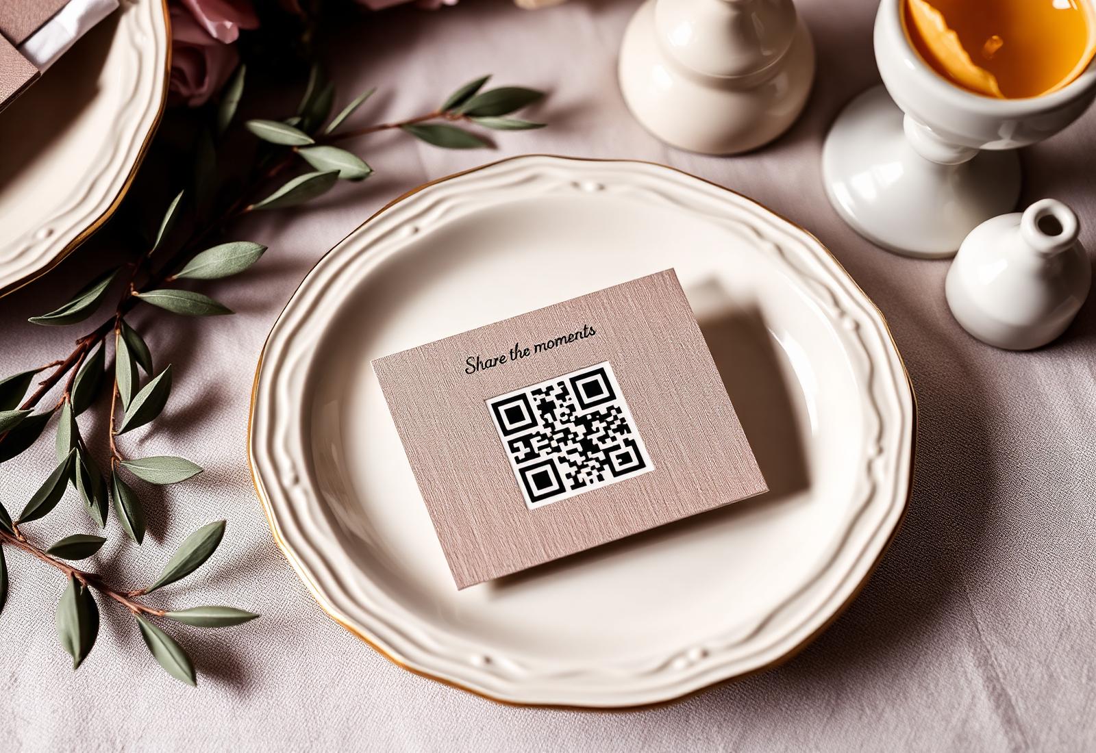 A linen QR card on a styled wedding table