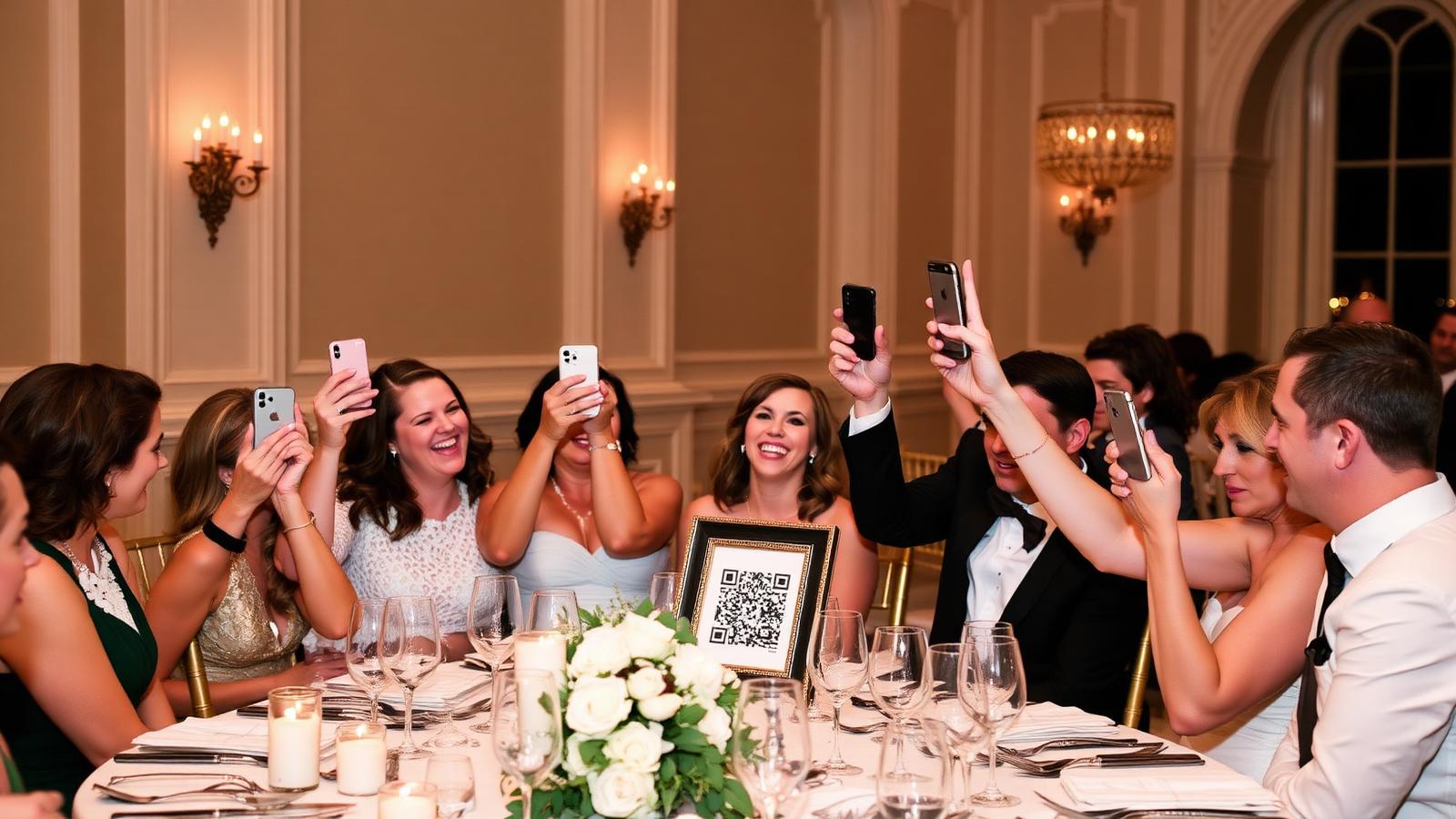 A group of wedding guests at a candlelit reception table all holding up their phones together toward a framed QR sign, laughing