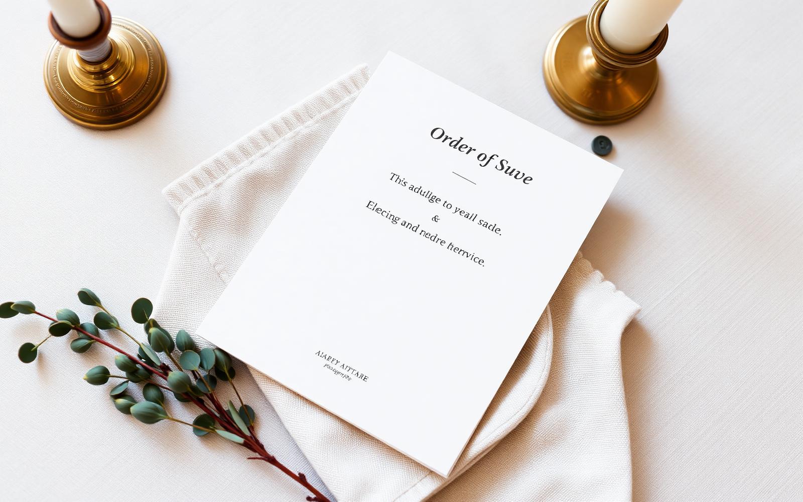 A stylish printed wedding order-of-service booklet on a linen napkin with a QR code printed on the back, beside eucalyptus and a taper candle