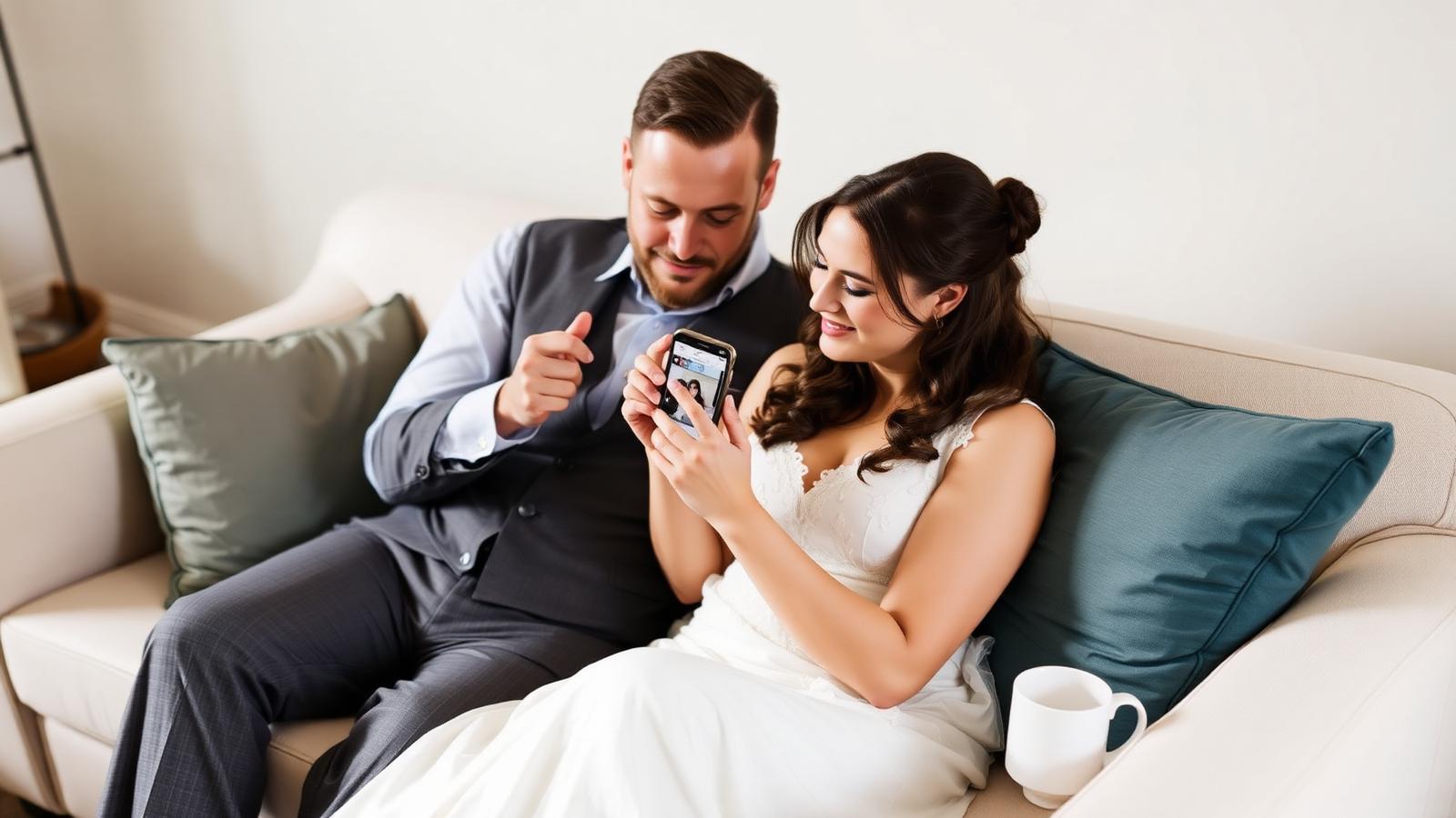 A newlywed couple sitting on a sofa the morning after their wedding, sharing a phone screen showing their wedding photo gallery