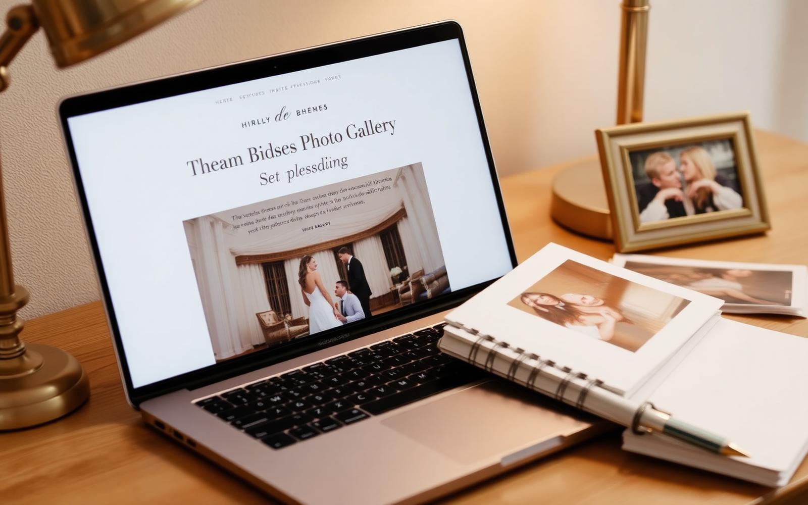 A laptop screen showing a beautifully designed private wedding photo gallery, with a printed wedding photo in a brass frame beside it