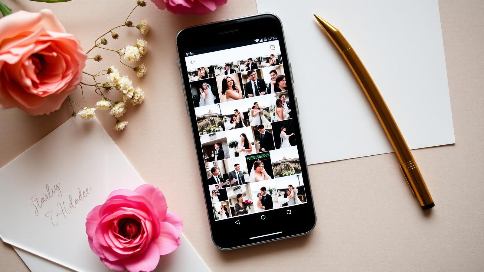 Overhead flat-lay of a phone screen showing a grid of candid wedding photos next to pressed flowers, stationery and a gold pen