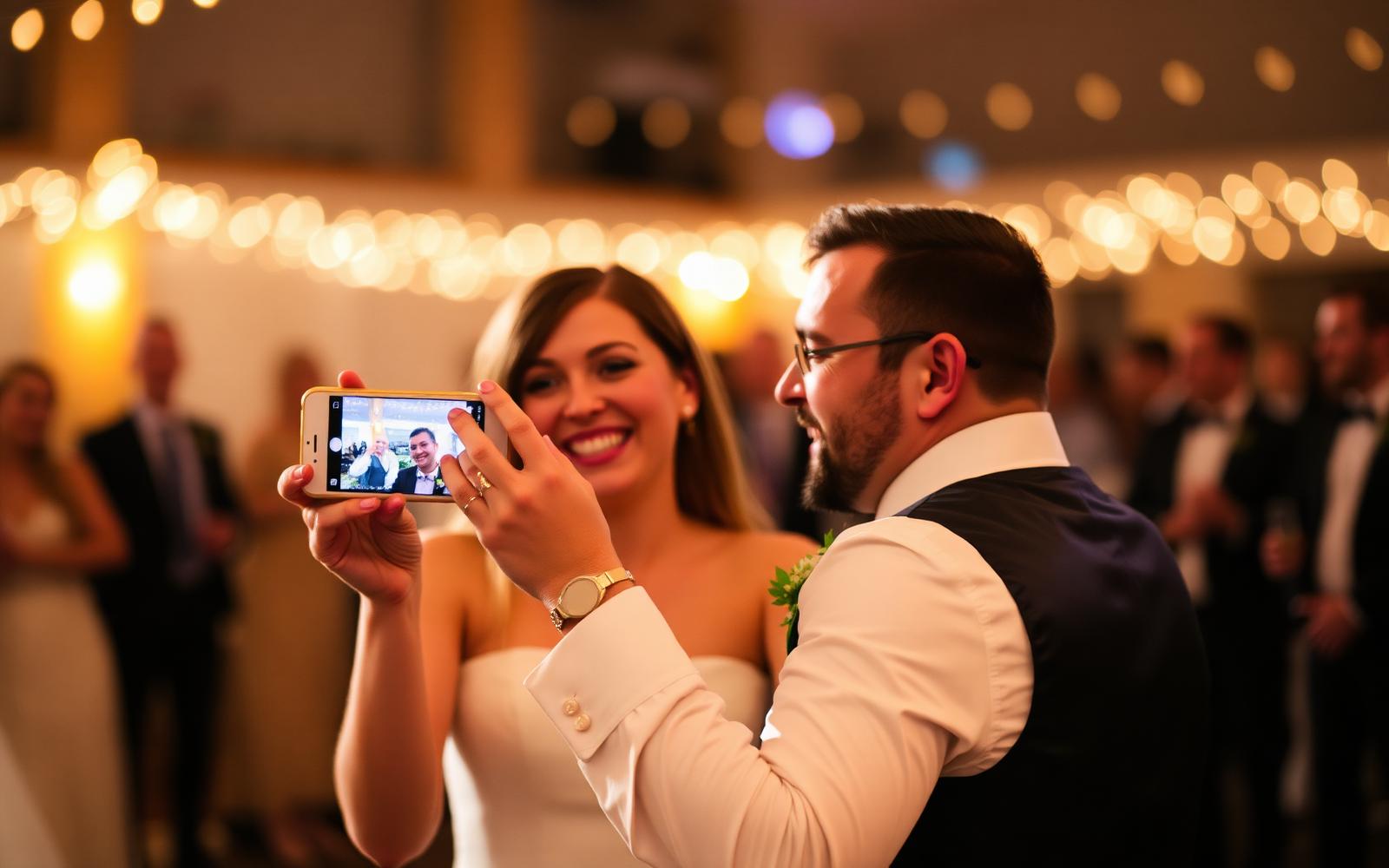 Two wedding guests laughing while filming a candid first-dance video on a phone with fairy-light bokeh in the background