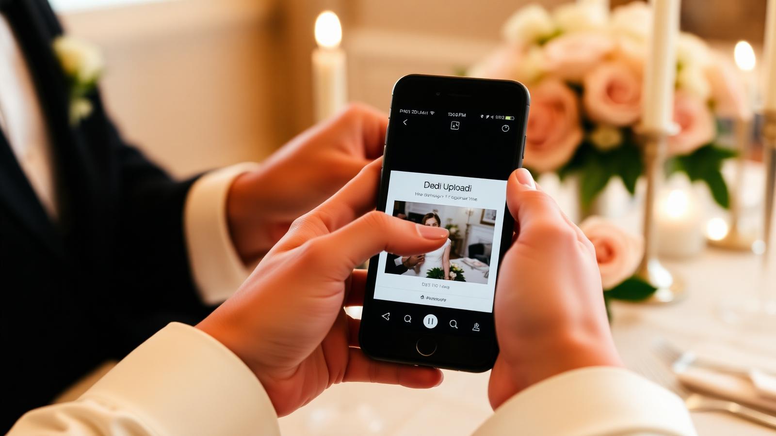 A couple looking at their private wedding photo upload page on a smartphone at a candlelit reception table with blush roses
