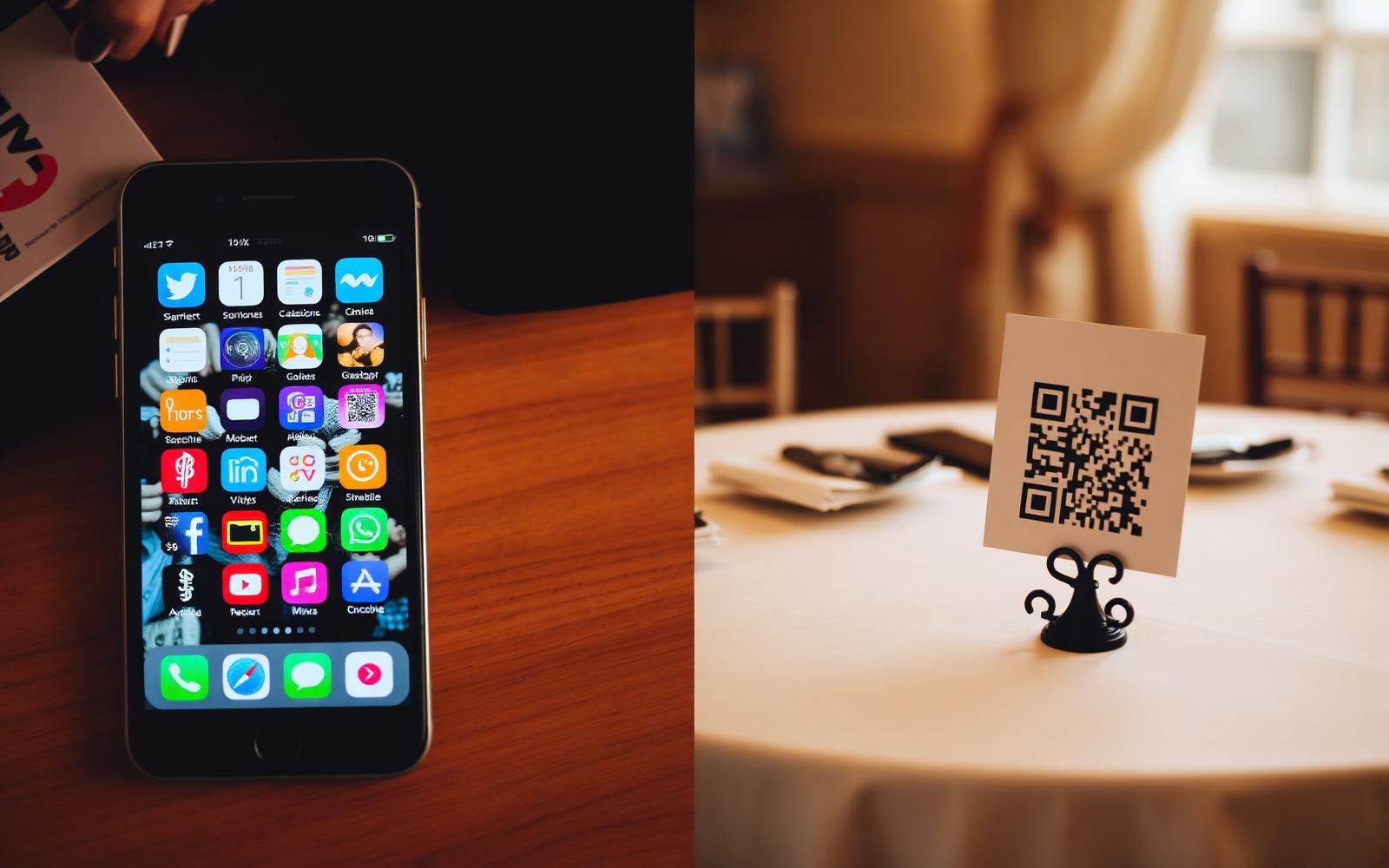 Left: cluttered phone home screen full of app icons. Right: a single QR code sign on a wedding reception table.