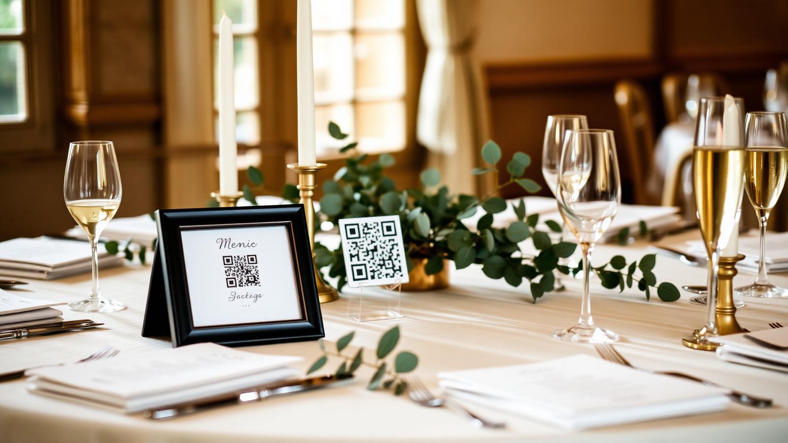 A framed wedding QR code sign on a candlelit reception table with eucalyptus and champagne glasses