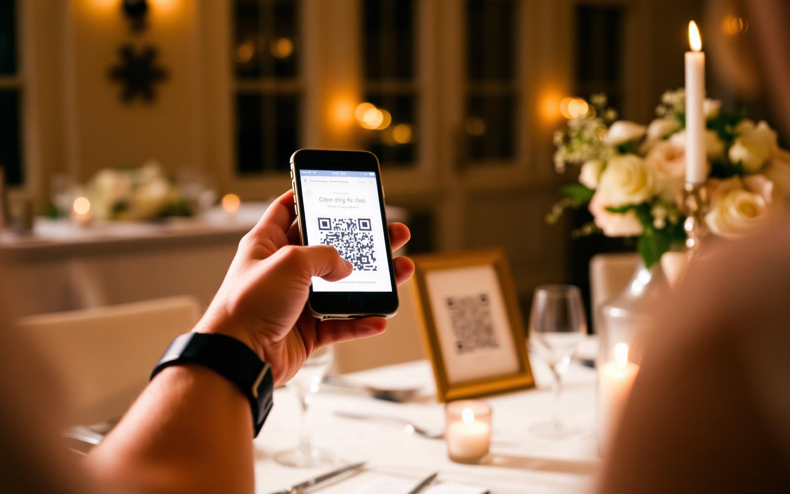 A wedding guest scanning a QR code on a reception table with their phone in warm candlelight
