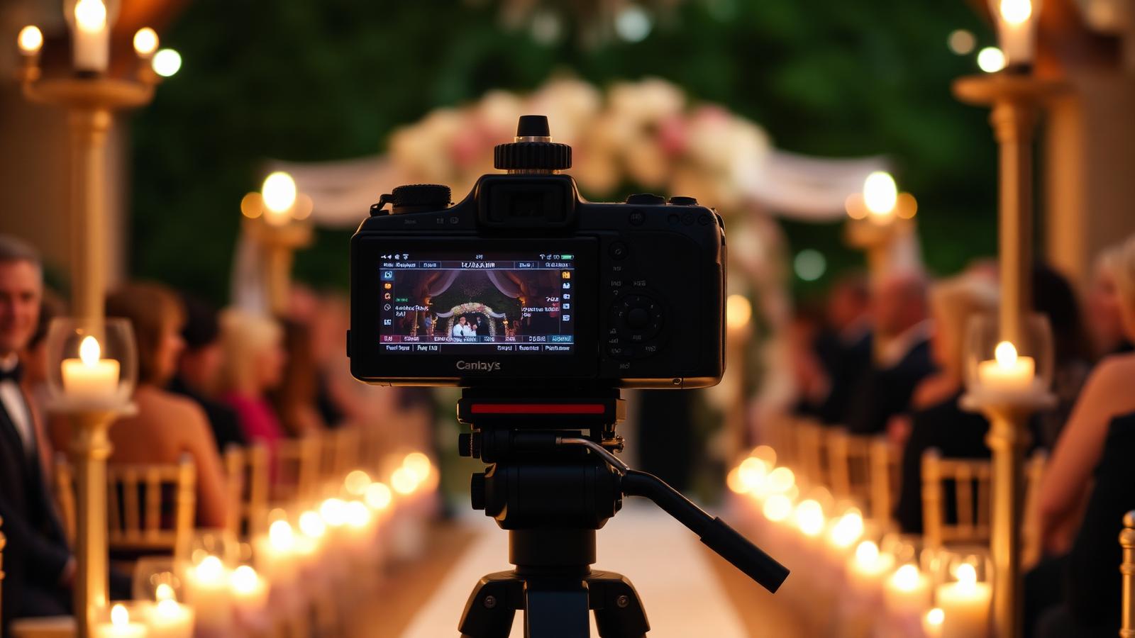 A professional wedding videographer's camera on a tripod at the back of a candlelit ceremony aisle with a floral arch out of focus in the distance