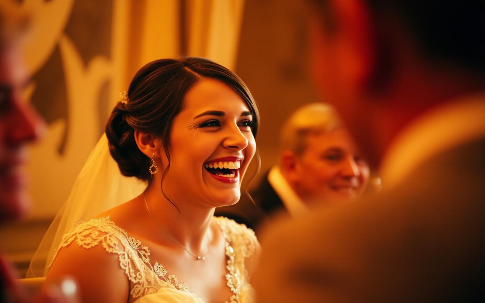 A close-up of a bride laughing during speeches with warm reception lighting, styled like a still from a cinematic highlight film